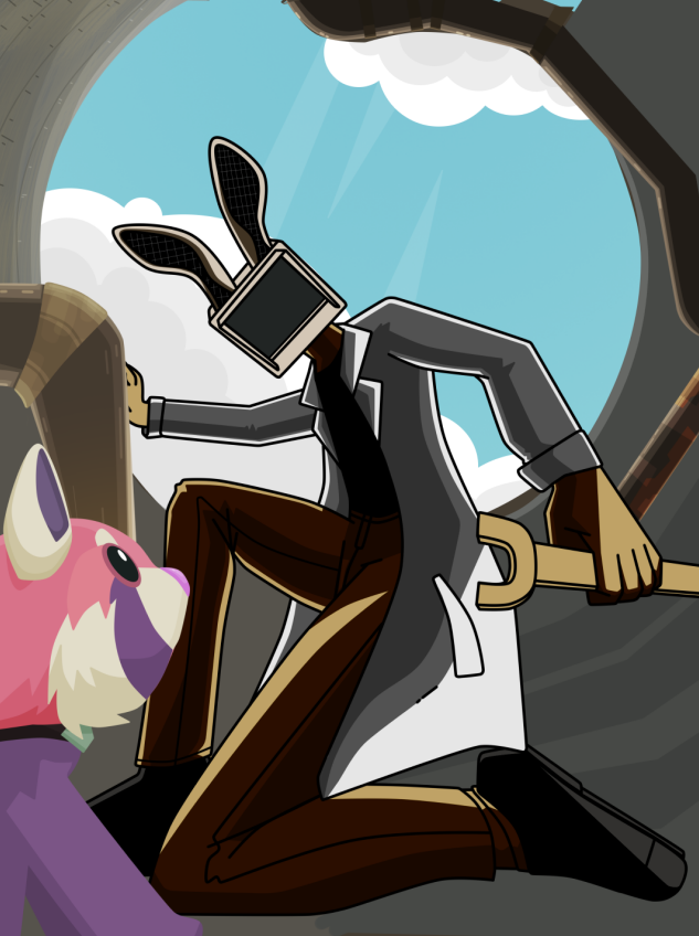 A WIP piece of a television head character kneeling on the ground, looking down at a plush with an open blue sky above them