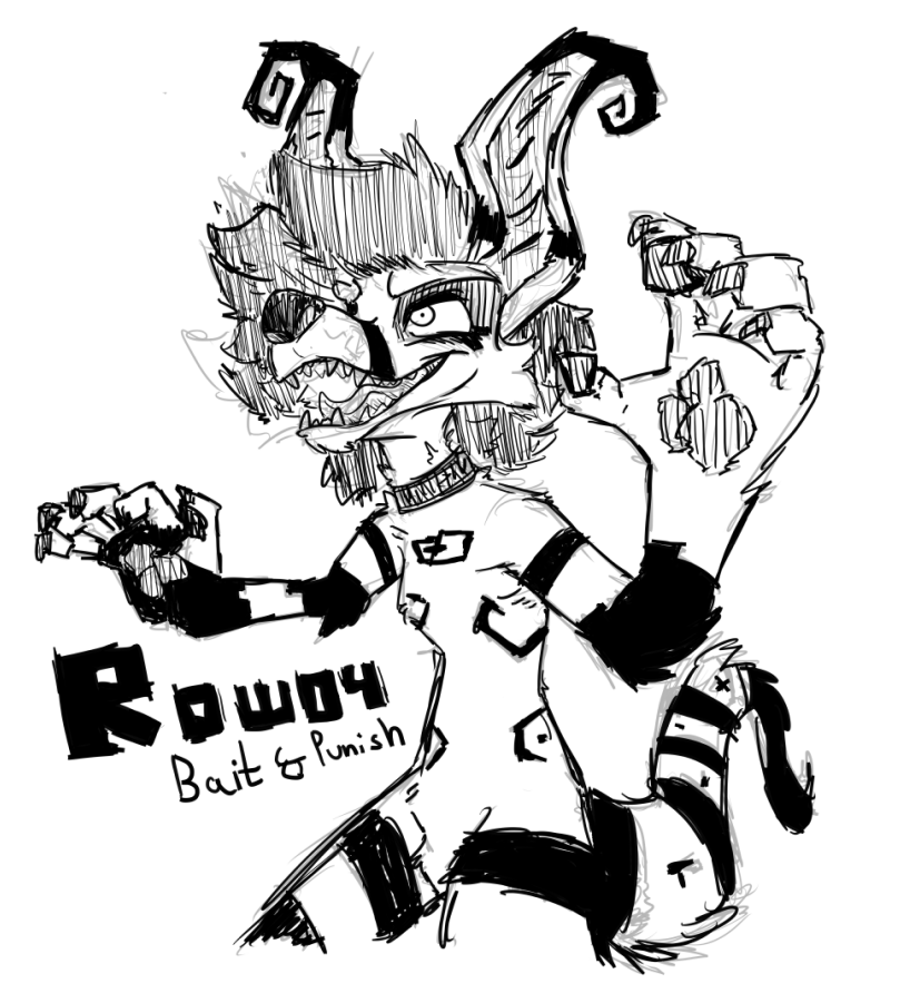 A sketch of Rowdy the Crux, the text reads: ROWDY - Bait & Punish