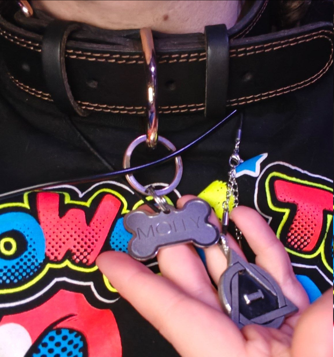 Holding up a dog tag around my collar that reads "Molly"