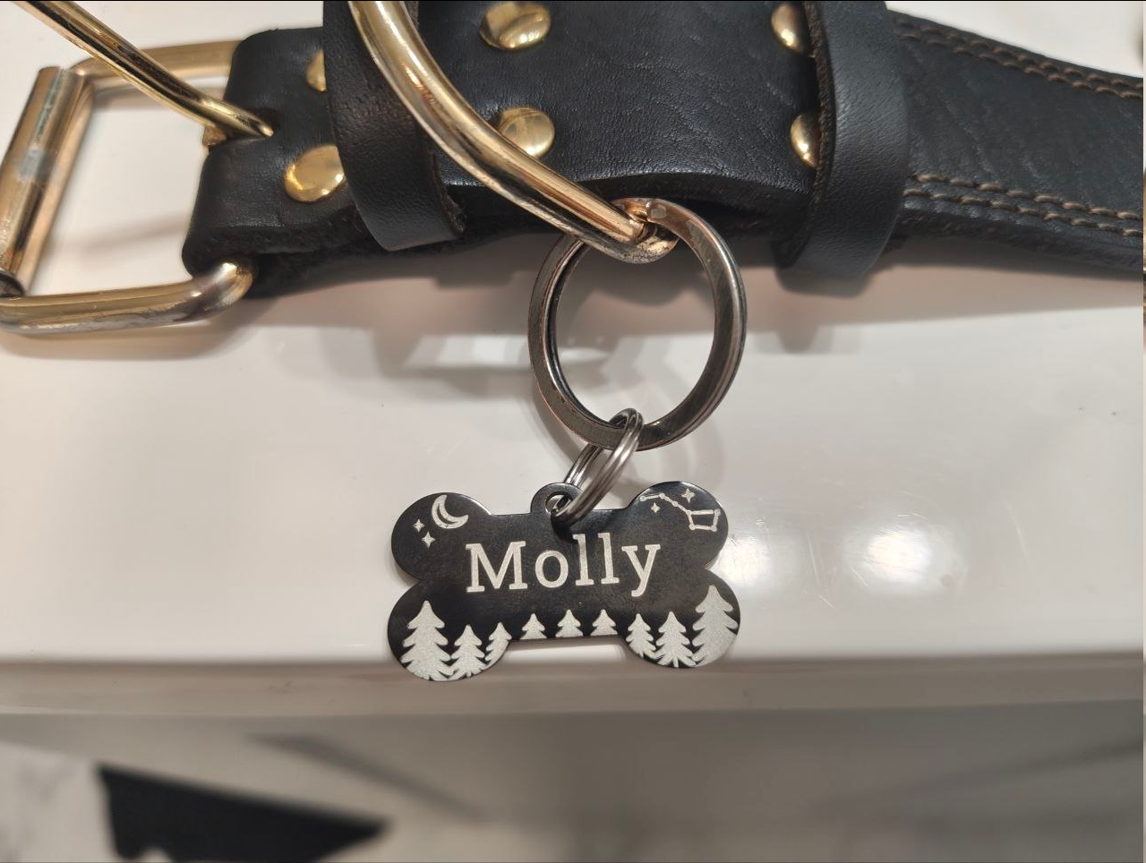 A dog tag with stars and trees that says "Molly"